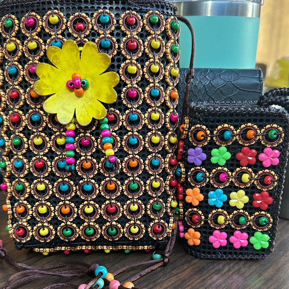 Colorful Hand Beaded Crossbody Bag and Card Case. Wooden and coconut beading.